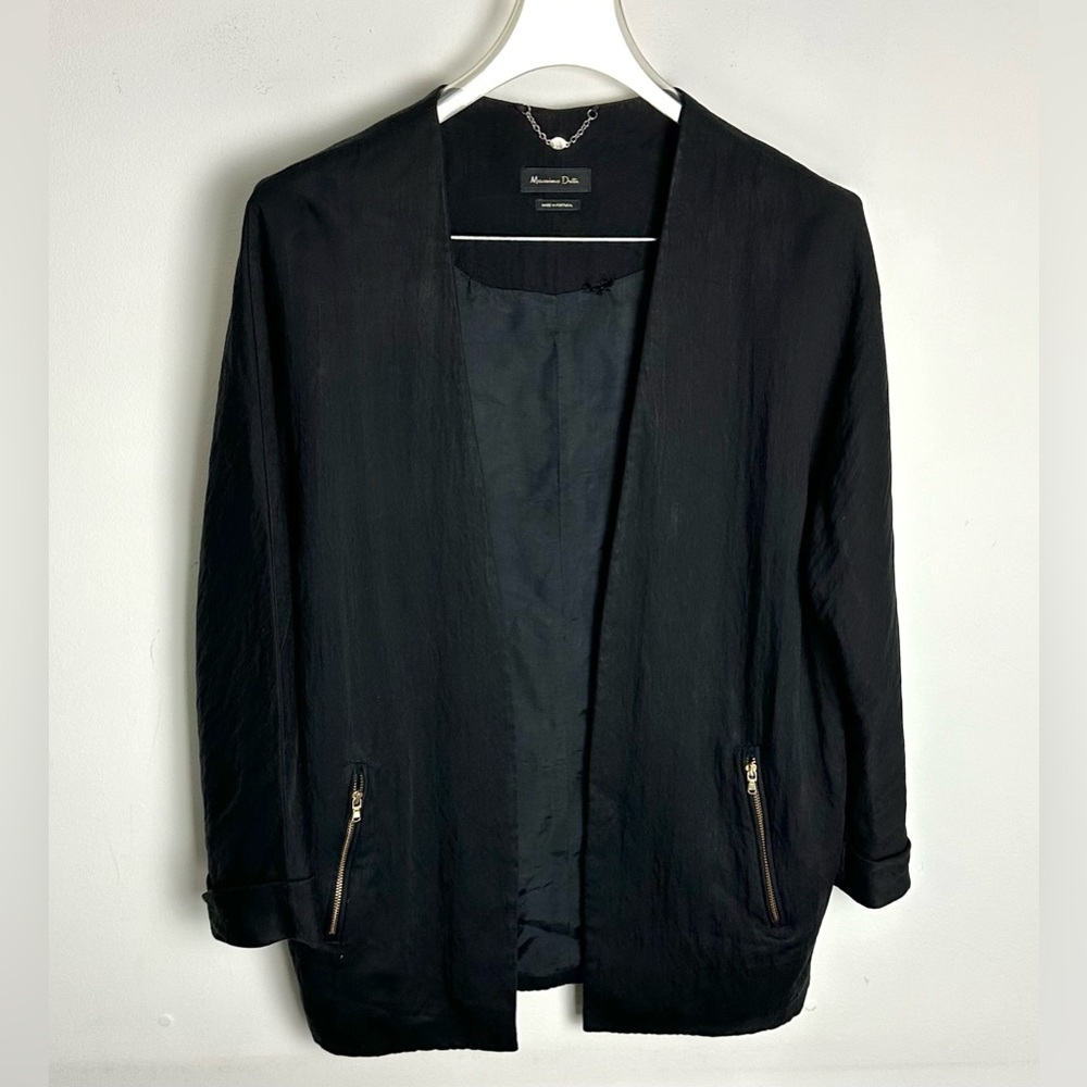 Massimo Dutti Open Front Blazer Jakcet Womens XS Black Wool Gold Zipper Pocket